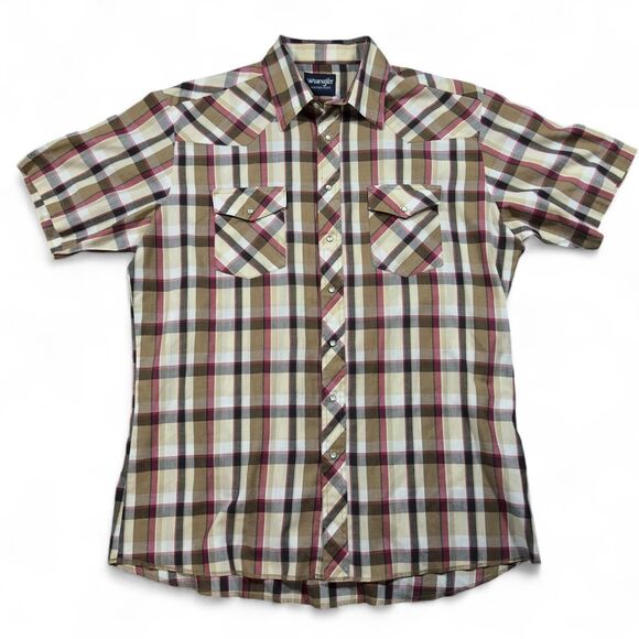 Wrangler Western Brown Plaid Pearl Snap Short Sleeve Shirt - Picture 1 of 5